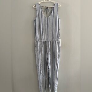 CLOTH & STONE ANTHROPOLOGIE Jumpsuit Linen Blend Open Back Draw String Sz M Blue